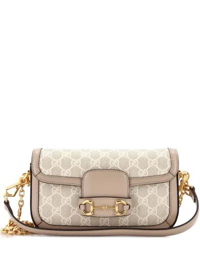 Pre-owned Gucci Horsebit 1955 Shoulder Bag Gg Coated Canvas With Leather East West Crossbody Bag In Neutral
