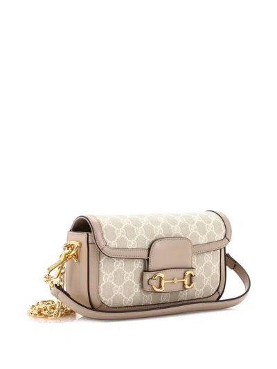 Pre-owned Gucci Horsebit 1955 Shoulder Bag Gg Coated Canvas With Leather East West Crossbody Bag In Neutral