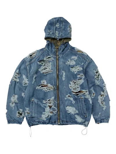 Thug Club Distressed Zip-up Hooded Jacket In Blue