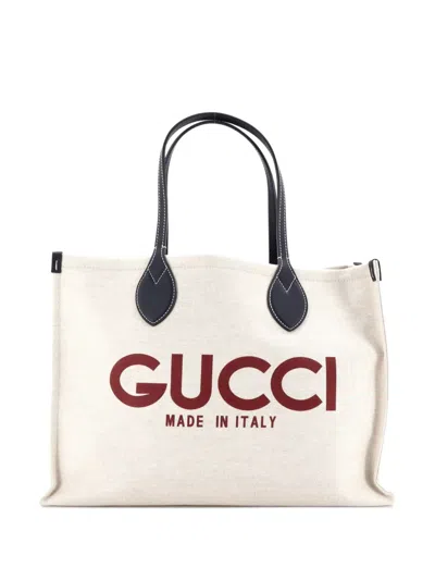 Pre-owned Gucci Logo Shopper Printed Canvas Medium Tote Bag In Neutral