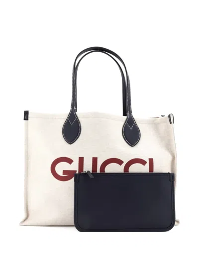 Pre-owned Gucci Logo Shopper Printed Canvas Medium Tote Bag In Neutral