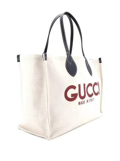 Pre-owned Gucci Logo Shopper Printed Canvas Medium Tote Bag In Neutral
