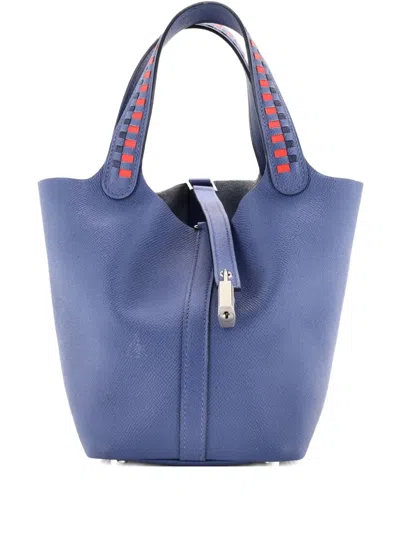 Pre-owned Hermes Picotin Lock Bag Tressage Epsom Pm Bucket Bag In Blue