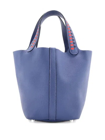 Pre-owned Hermes Picotin Lock Bag Tressage Epsom Pm Bucket Bag In Blue