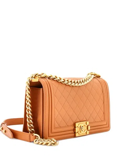 Pre-owned Chanel Boy Flap Bag Quilted Lambskin Old Medium Shoulder Bag In Brown