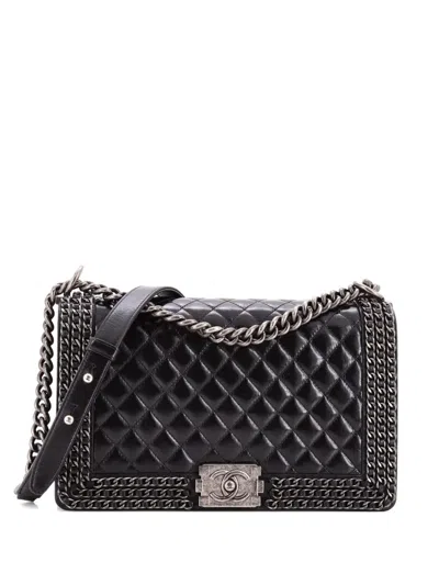 Pre-owned Chanel Chained Boy Flap Bag Quilted Glazed Calfskin New Medium Shoulder Bag In Black