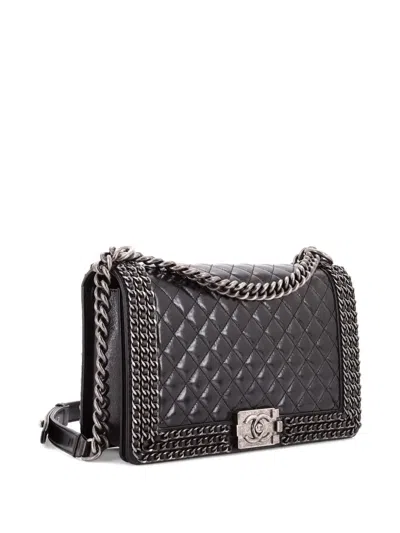 Pre-owned Chanel Chained Boy Flap Bag Quilted Glazed Calfskin New Medium Shoulder Bag In Black
