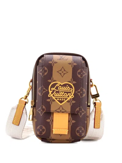 Pre-owned Louis Vuitton Nigo Flap Double Phone Pouch Limited Edition Stripes Monogram Canvas Crossbody Bag In Brown