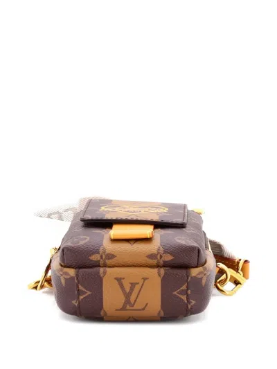 Pre-owned Louis Vuitton Nigo Flap Double Phone Pouch Limited Edition Stripes Monogram Canvas Crossbody Bag In Brown