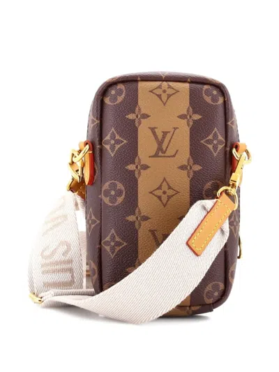 Pre-owned Louis Vuitton Nigo Flap Double Phone Pouch Limited Edition Stripes Monogram Canvas Crossbody Bag In Brown