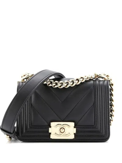 Pre-owned Chanel Boy Flap Bag Chevron Lambskin Mini Shoulder Bag In Black
