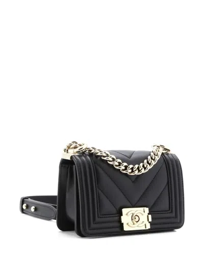 Pre-owned Chanel Boy Flap Bag Chevron Lambskin Mini Shoulder Bag In Black