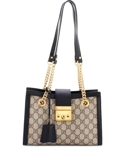 Pre-owned Gucci Padlock Chain Tote Gg Coated Canvas With Leather Small Shoulder Bag In Black