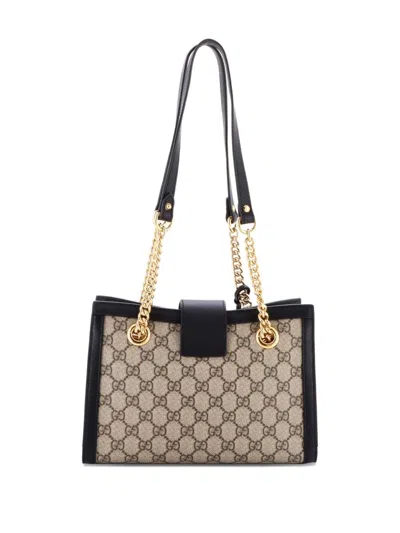Pre-owned Gucci Padlock Chain Tote Gg Coated Canvas With Leather Small Shoulder Bag In Black