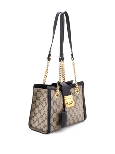 Pre-owned Gucci Padlock Chain Tote Gg Coated Canvas With Leather Small Shoulder Bag In Black