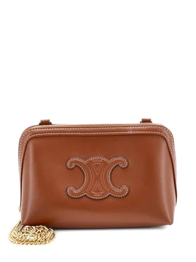 Pre-owned Celine Cuir Triomphe Zip Around Chain Clutch Leather Crossbody Bag In Brown