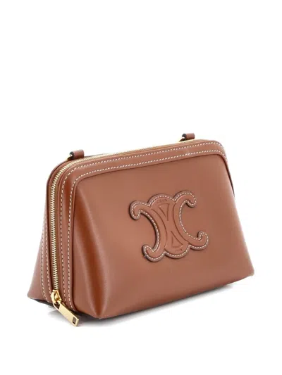 Pre-owned Celine Cuir Triomphe Zip Around Chain Clutch Leather Crossbody Bag In Brown