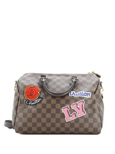 Pre-owned Louis Vuitton Speedy Bandouliere Bag Limited Edition Patches Damier 30 Satchel In Brown