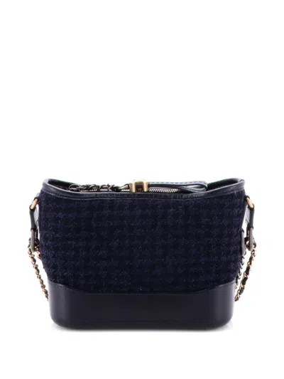 Pre-owned Chanel Gabrielle Logo Hobo Tweed And Calfskin Small Shoulder Bag In Blue