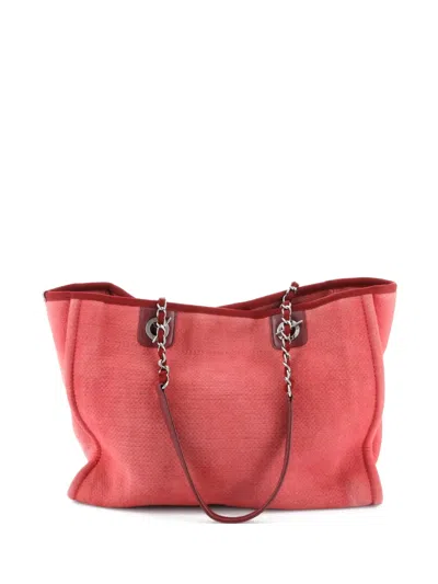 Pre-owned Chanel Deauville Canvas Medium Tote Bag In Red
