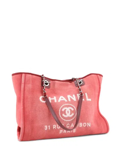 Pre-owned Chanel Deauville Canvas Medium Tote Bag In Red