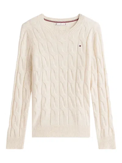 Tommy Hilfiger Cable-knit Logo-detail Sweater In Neutral