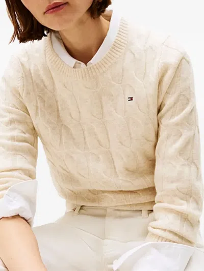 Tommy Hilfiger Cable-knit Logo-detail Sweater In Neutral