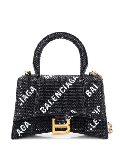 Pre-owned Balenciaga Hourglass Top Handle Bag Suede And Allover Logo Crystals Xs Satchel In Black