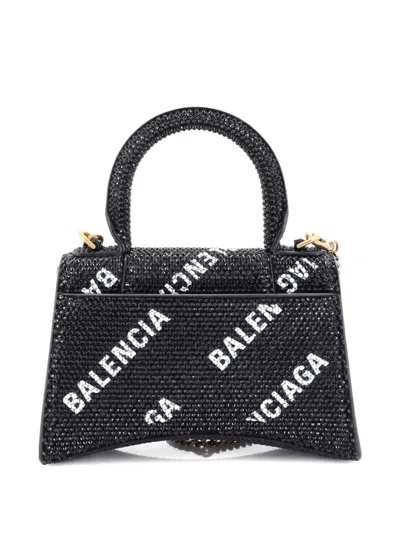 Pre-owned Balenciaga Hourglass Top Handle Bag Suede And Allover Logo Crystals Xs Satchel In Black