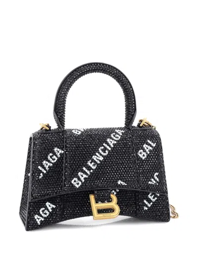 Pre-owned Balenciaga Hourglass Top Handle Bag Suede And Allover Logo Crystals Xs Satchel In Black