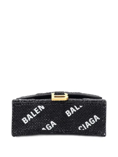 Pre-owned Balenciaga Hourglass Top Handle Bag Suede And Allover Logo Crystals Xs Satchel In Black