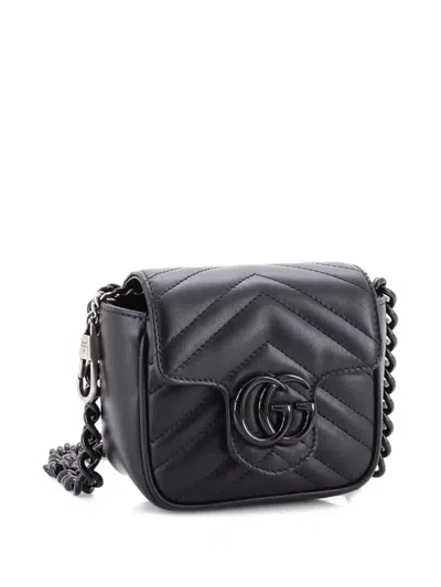 Pre-owned Gucci Gg Marmont Flap Matelasse Leather Mini Belt Bag In Black