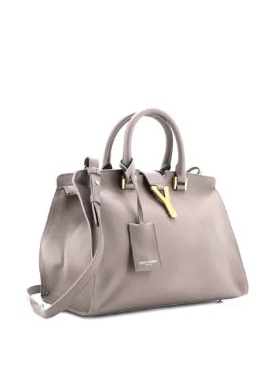 Pre-owned Saint Laurent Classic Y Cabas Leather Small Satchel In Gray
