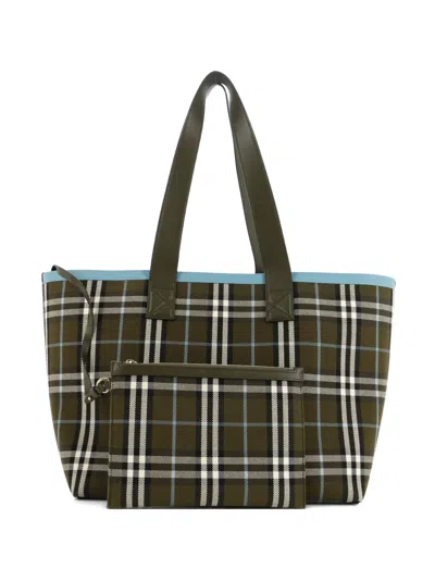 Pre-owned Burberry London Check Canvas Medium Tote Bag In Green