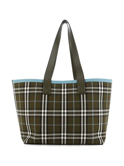 Pre-owned Burberry London Check Canvas Medium Tote Bag In Green