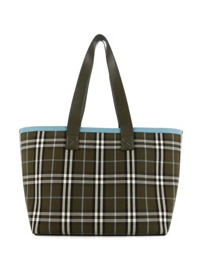 Pre-owned Burberry London Check Canvas Medium Tote Bag In Green
