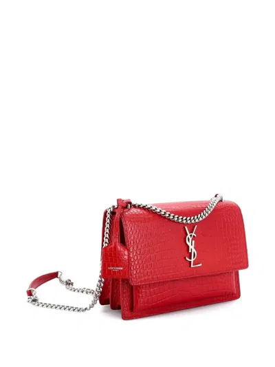 Pre-owned Saint Laurent Sunset Crocodile Embossed Leather Medium Crossbody Bag In Red