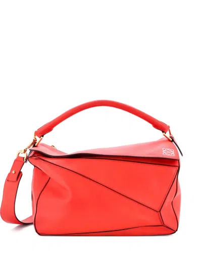 Pre-owned Loewe Puzzle Bag Leather Large Satchel In Red