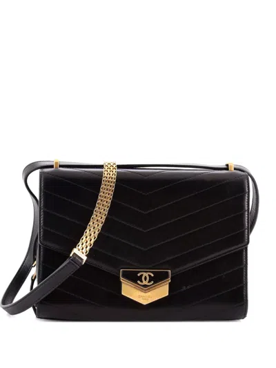 Pre-owned Chanel Medal Envelope Flap Bag Chevron Calfskin Large Shoulder Bag In Black