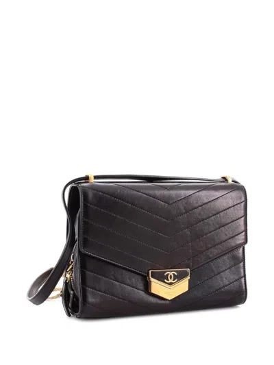 Pre-owned Chanel Medal Envelope Flap Bag Chevron Calfskin Large Shoulder Bag In Black