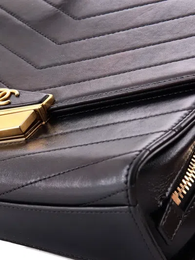 Pre-owned Chanel Medal Envelope Flap Bag Chevron Calfskin Large Shoulder Bag In Black