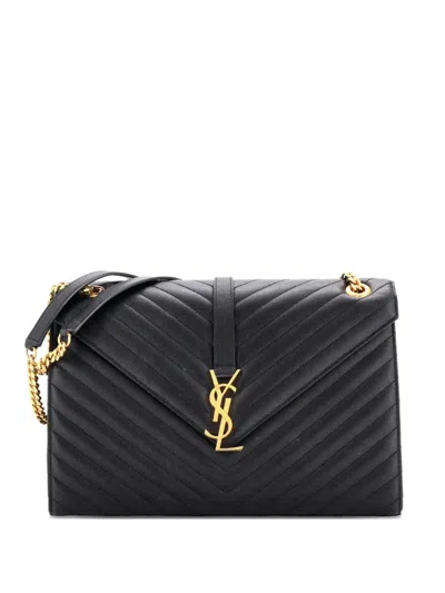 Pre-owned Saint Laurent Classic Monogram Envelope Satchel Matelasse Chevron Leather Large Shoulder Bag In Black