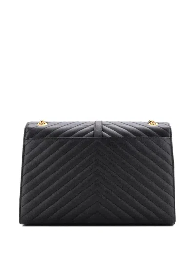 Pre-owned Saint Laurent Classic Monogram Envelope Satchel Matelasse Chevron Leather Large Shoulder Bag In Black