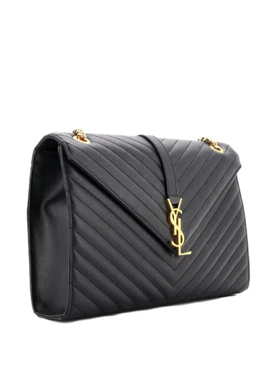 Pre-owned Saint Laurent Classic Monogram Envelope Satchel Matelasse Chevron Leather Large Shoulder Bag In Black
