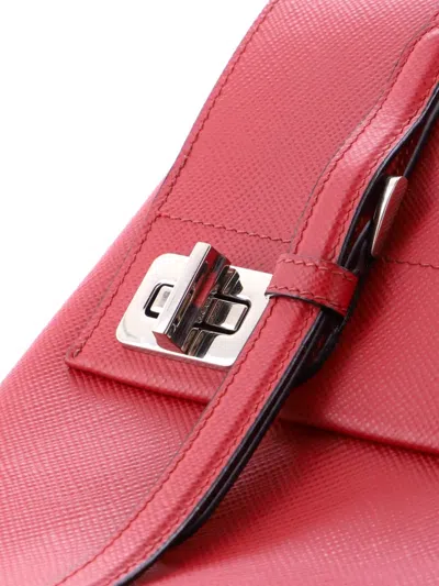 Pre-owned Prada Half Flap Double Turn Lock Saffiano Leather Medium Satchel In Red