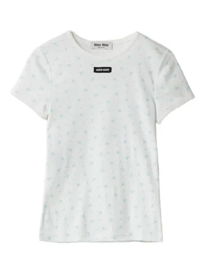 Miu Miu Floral-pattern Logo-patch T-shirt In Multi