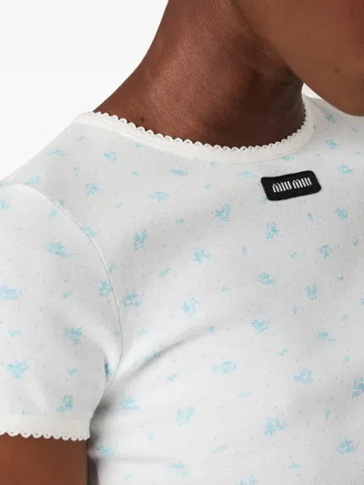 Miu Miu Floral-pattern Logo-patch T-shirt In Multi