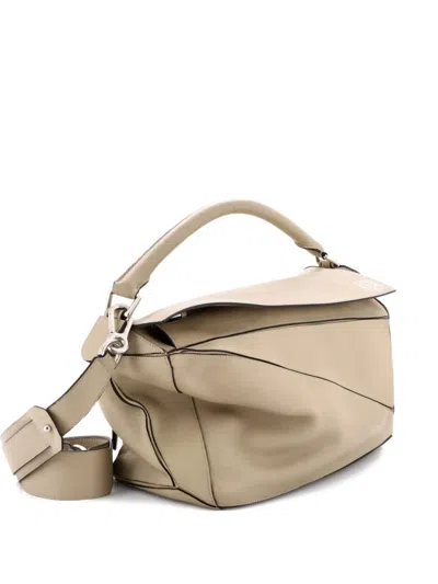 Pre-owned Loewe Puzzle Bag Leather Large Satchel In Neutral