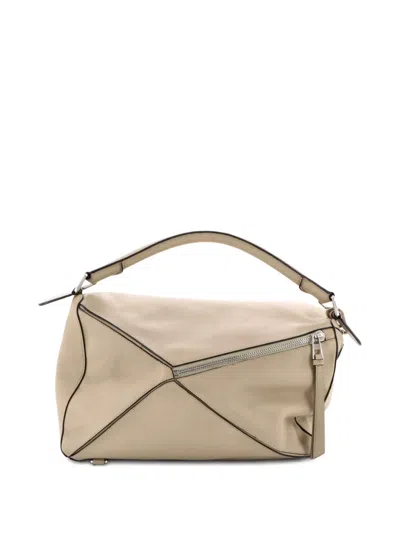 Pre-owned Loewe Puzzle Bag Leather Large Satchel In Neutral