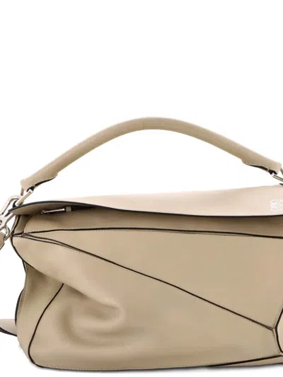 Pre-owned Loewe Puzzle Bag Leather Large Satchel In Neutral